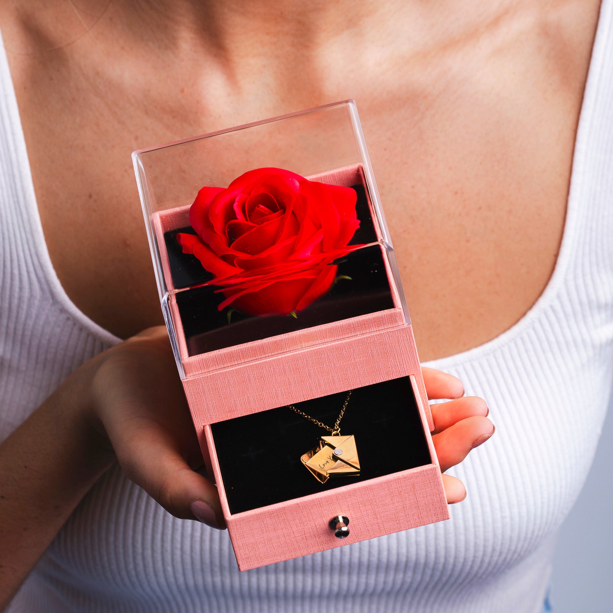 Personalized Envelope Letter Necklace with Real Rose Box